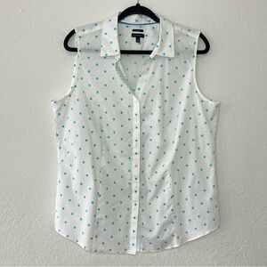 TALBOTS Women’s Size 16 White Sleeveless Top Shirt Blue Polka Dot Button Up